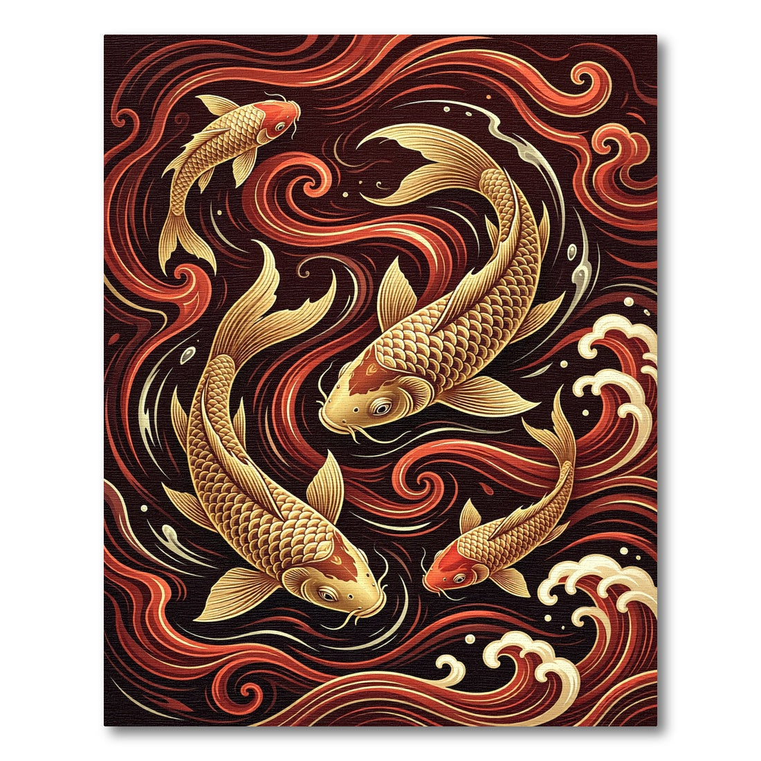 Golden Koi Fish Crimson Swirling Waves Rug