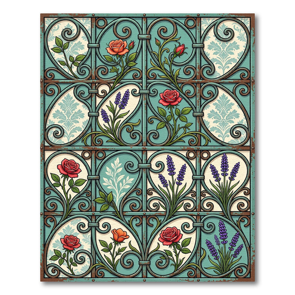 Vintage Teal Wrought Iron Floral Garden Rug