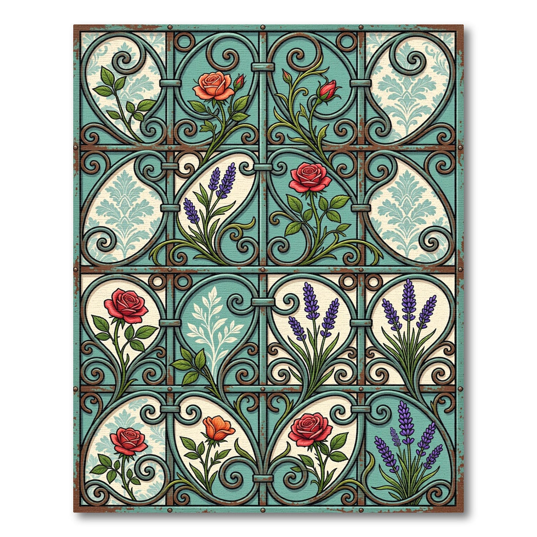 Vintage Teal Wrought Iron Floral Garden Rug