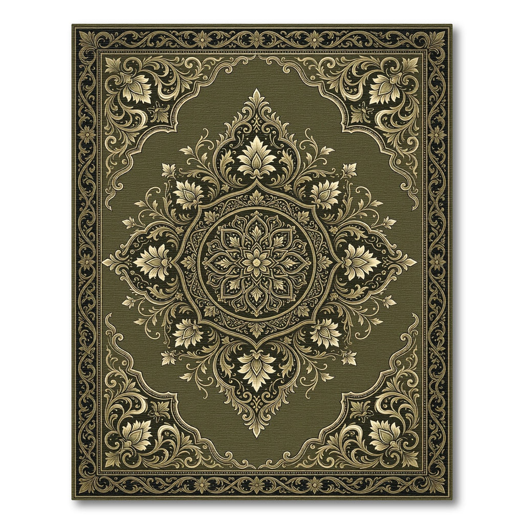 Elegant Olive Gold Ornate Floral Medallion Rug