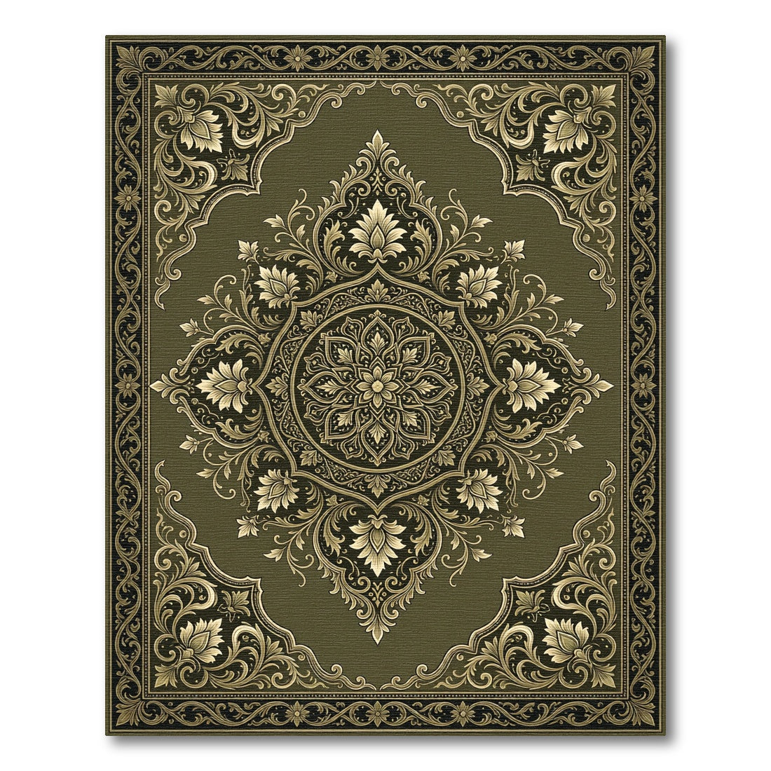 Elegant Olive Gold Ornate Floral Medallion Rug