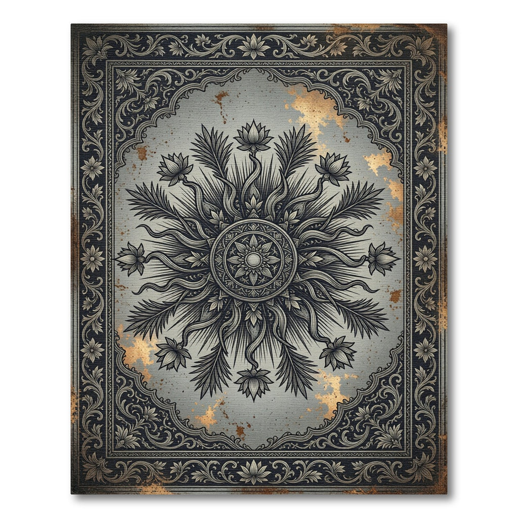 Ornate Silver Floral Mandala Antique Gold Rug