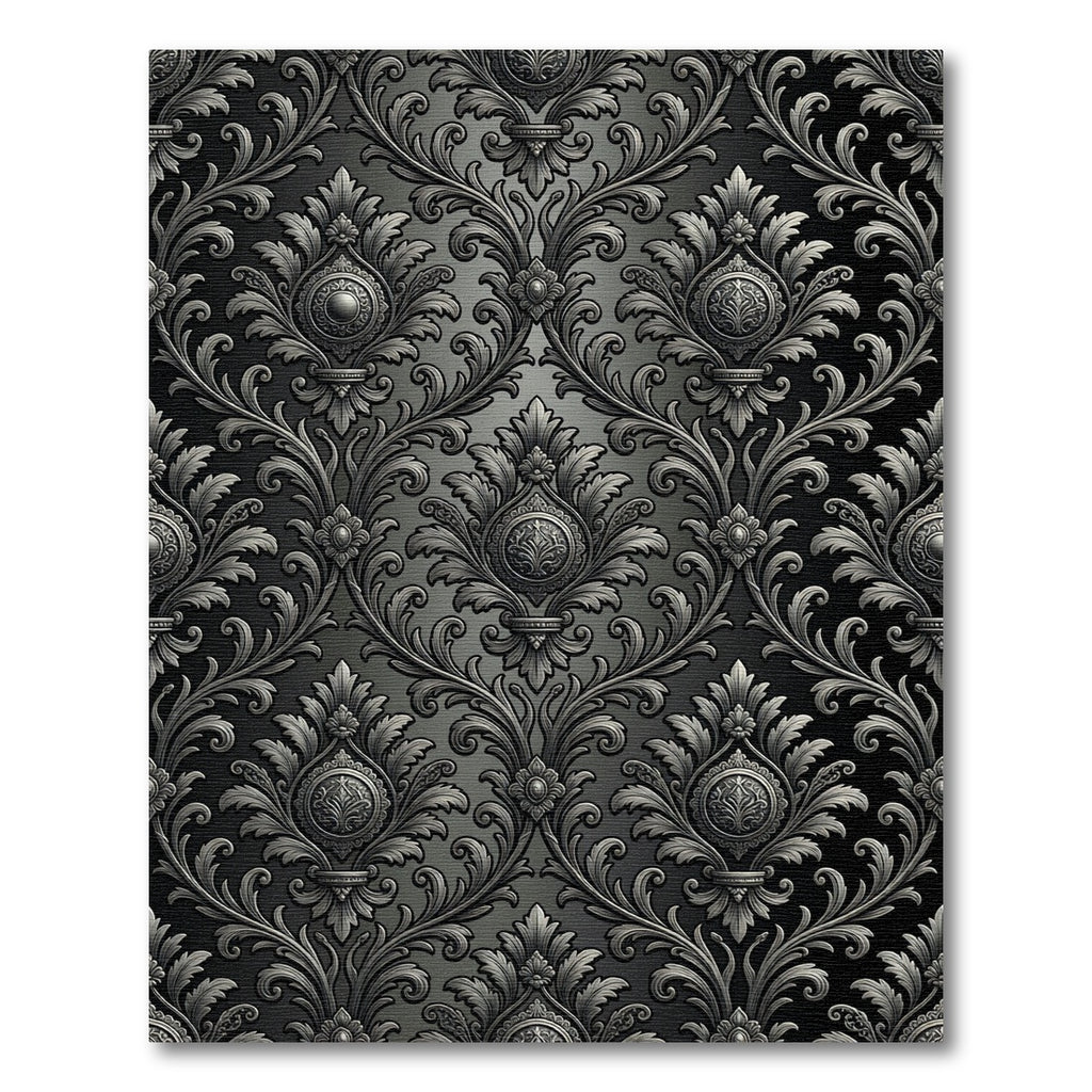 Elegant Silver Damask Charcoal Scroll Rug