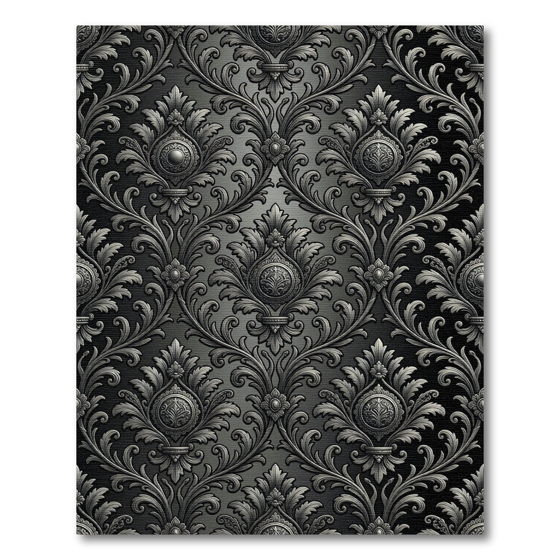 Elegant Silver Damask Charcoal Scroll Rug