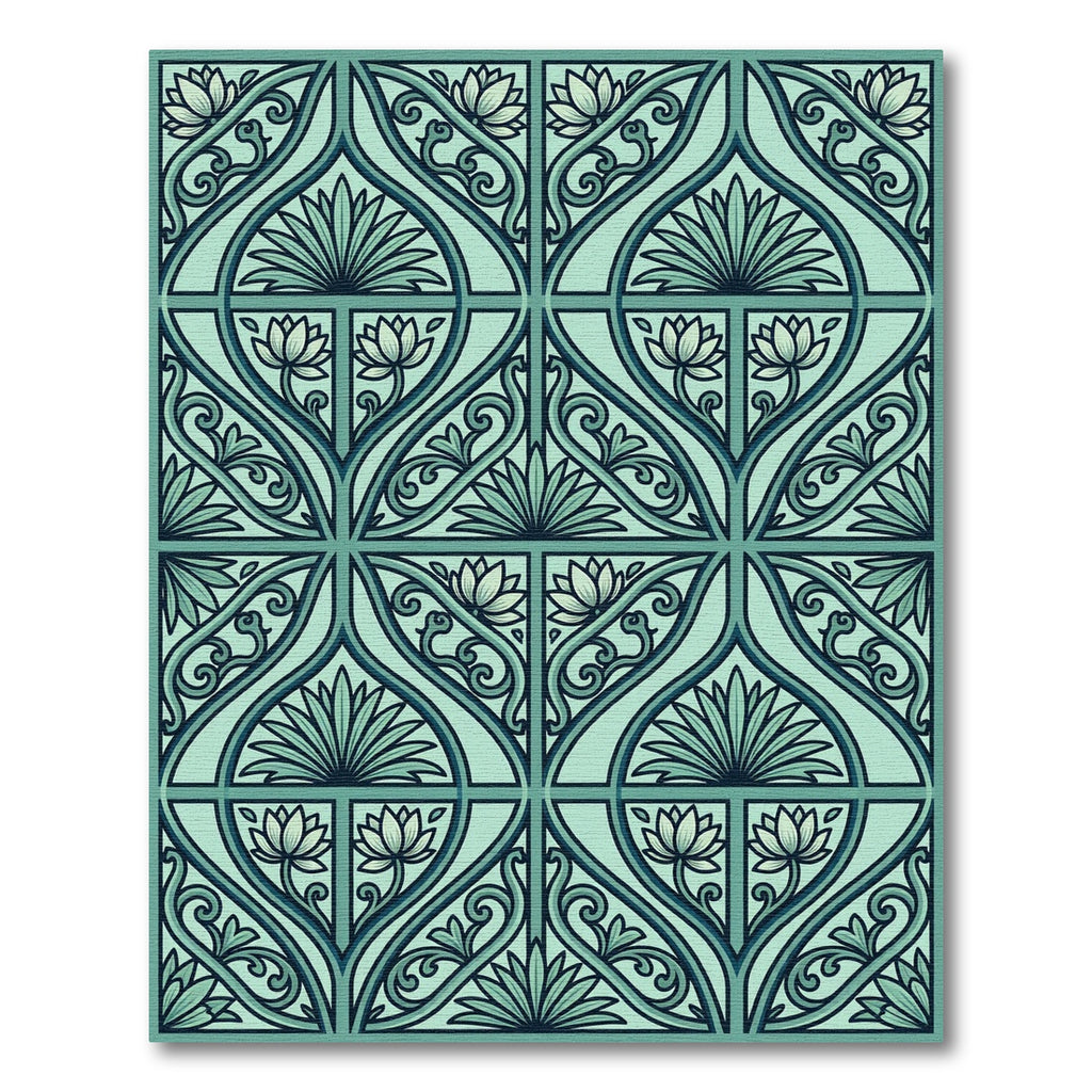 Sage Lotus Art Nouveau Botanical Tile Rug