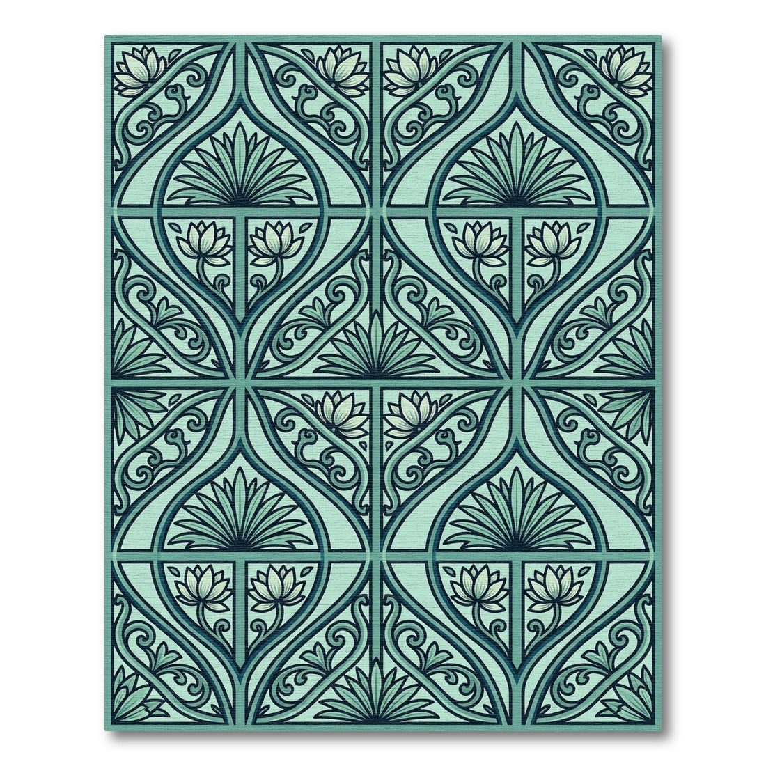 Sage Lotus Art Nouveau Botanical Tile Rug