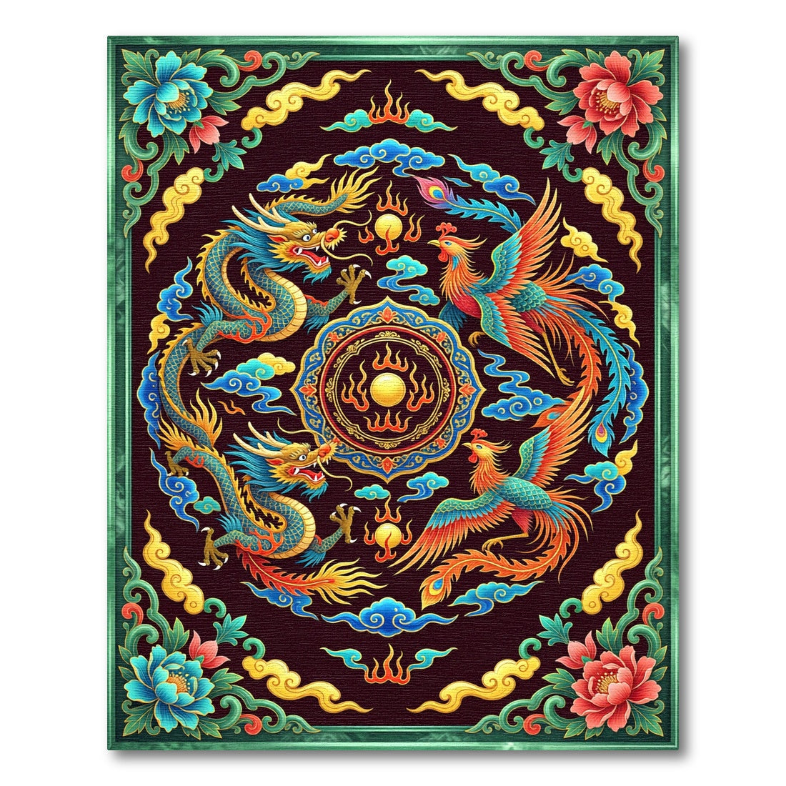 Vibrant Celestial Dragon Phoenix Medallion Rug
