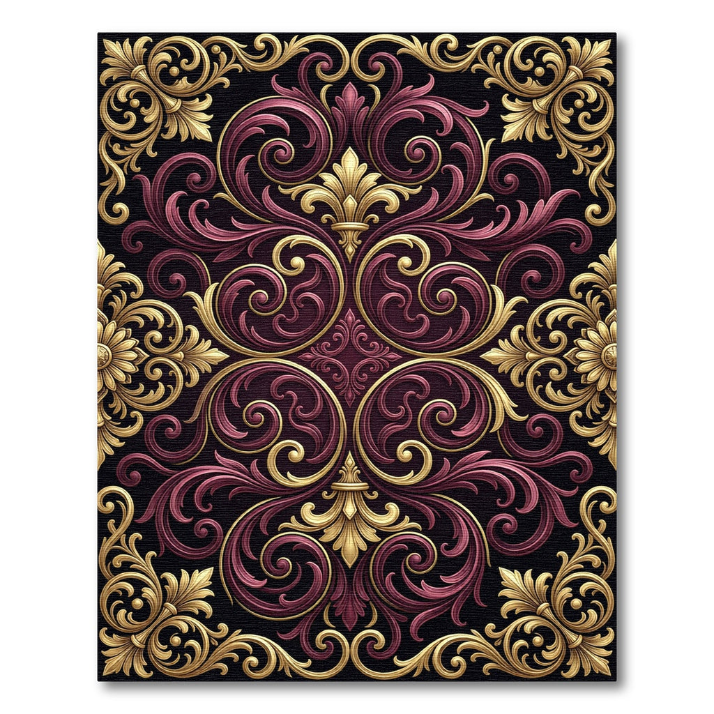 Ornate Burgundy Gold Baroque Scrollwork Rug