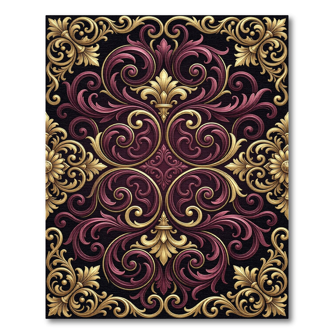 Ornate Burgundy Gold Baroque Scrollwork Rug