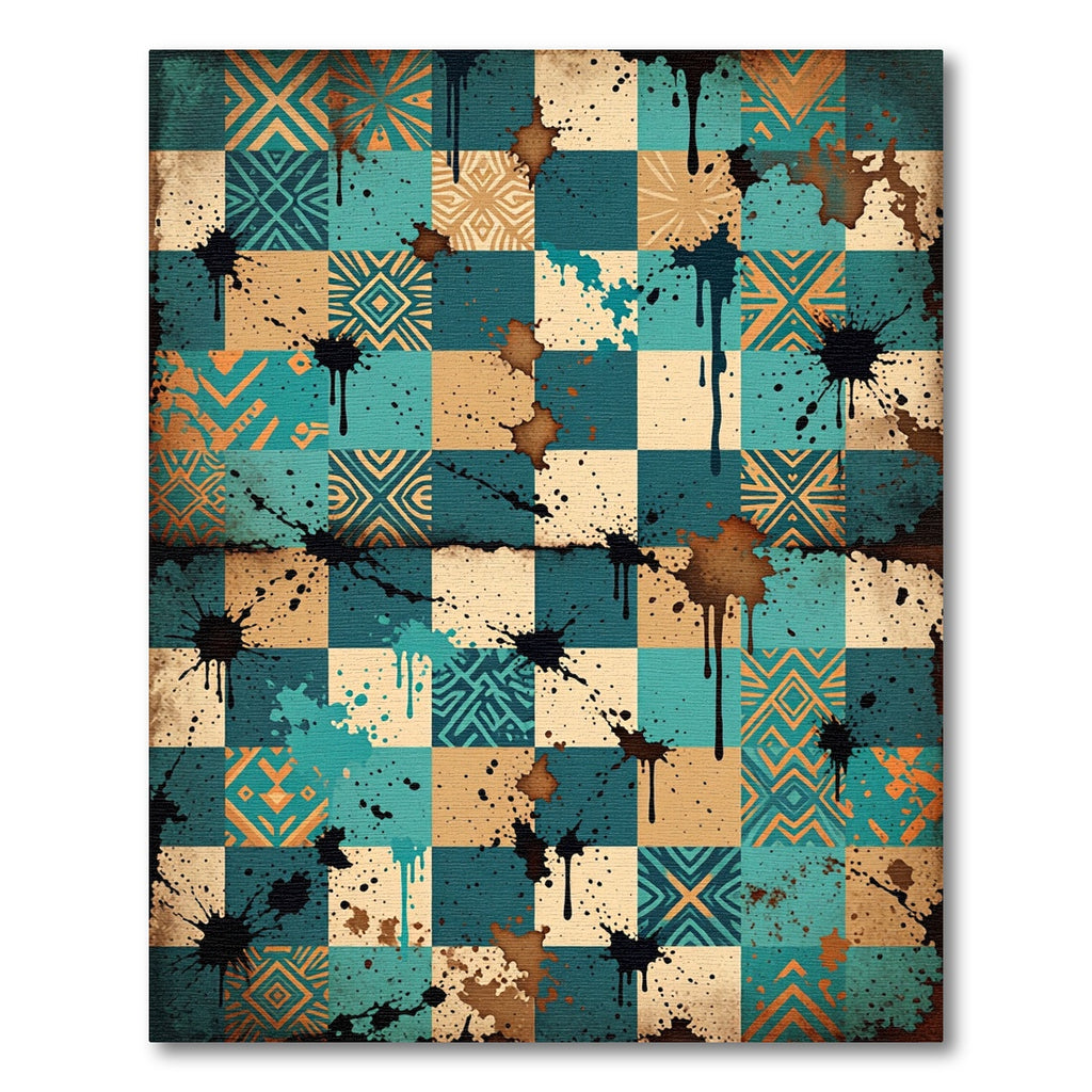 Ink Splattered Teal Geometric Mosaic Rug