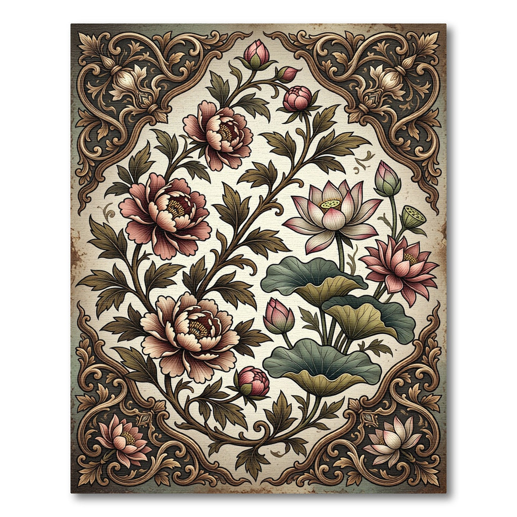 Antique Pink Peony Lotus Floral Frame Rug