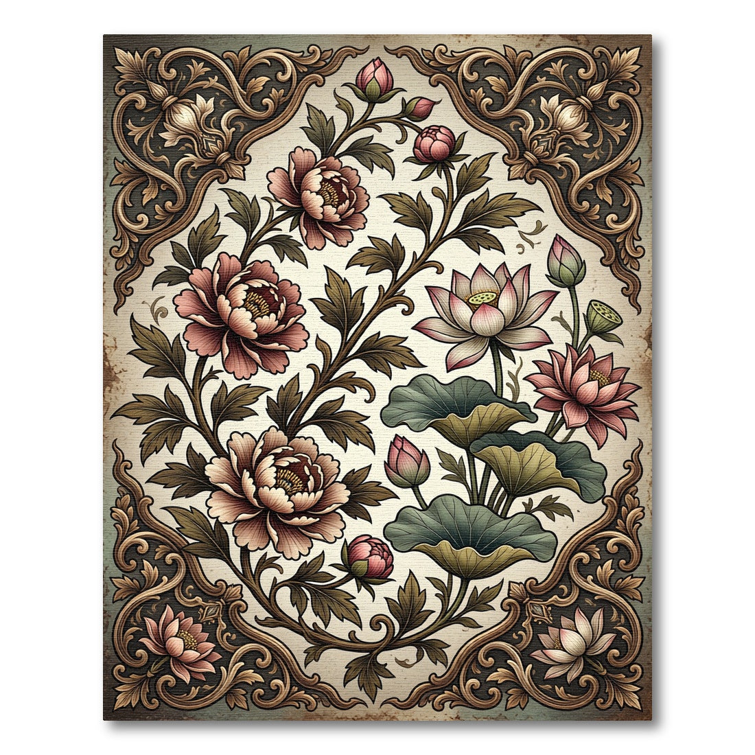 Antique Pink Peony Lotus Floral Frame Rug