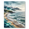 Misty Coastal Mountain Shore Watercolor Rug