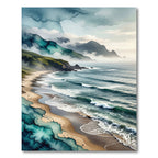 Misty Coastal Mountain Shore Watercolor Rug