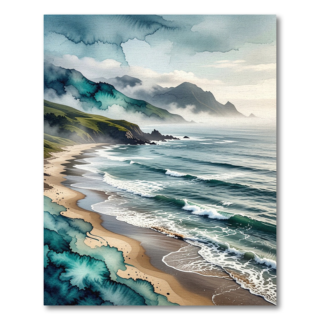 Misty Coastal Mountain Shore Watercolor Rug