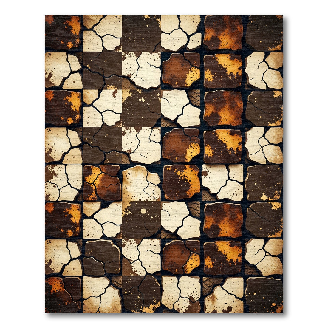 Textured Ochre Cracked Earth Geometric Checkerboard Rug