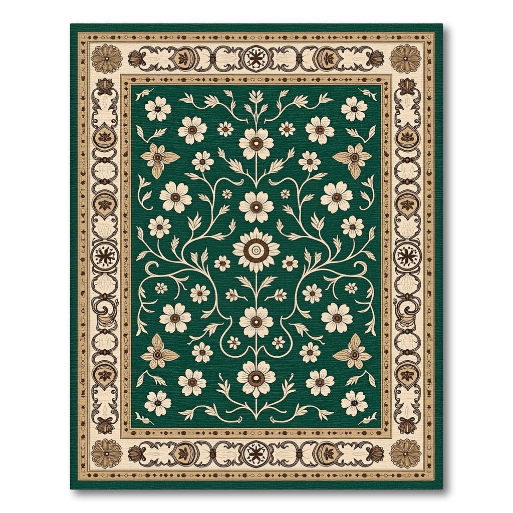 Emerald Green Floral Vine Border Rug
