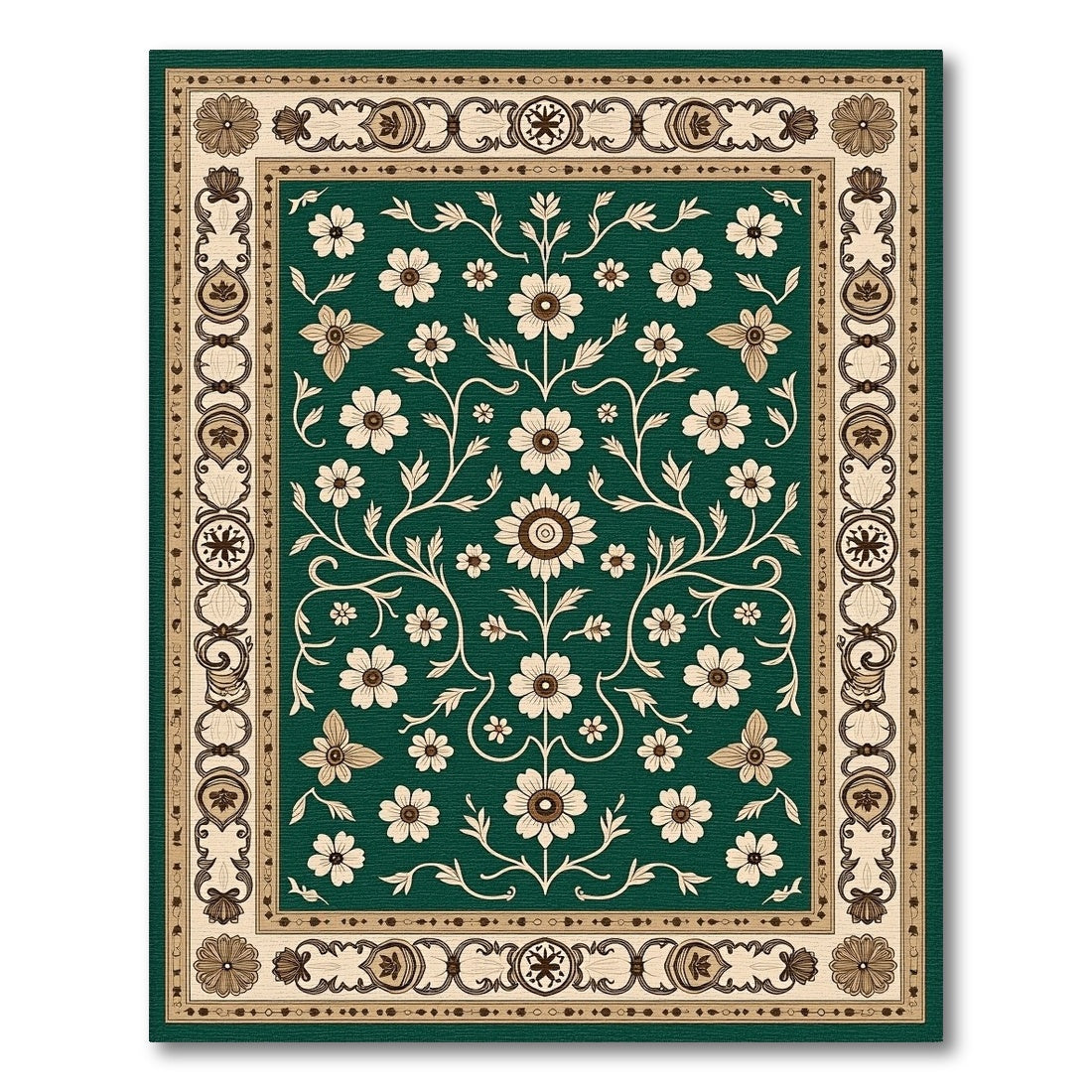 Emerald Green Floral Vine Border Rug
