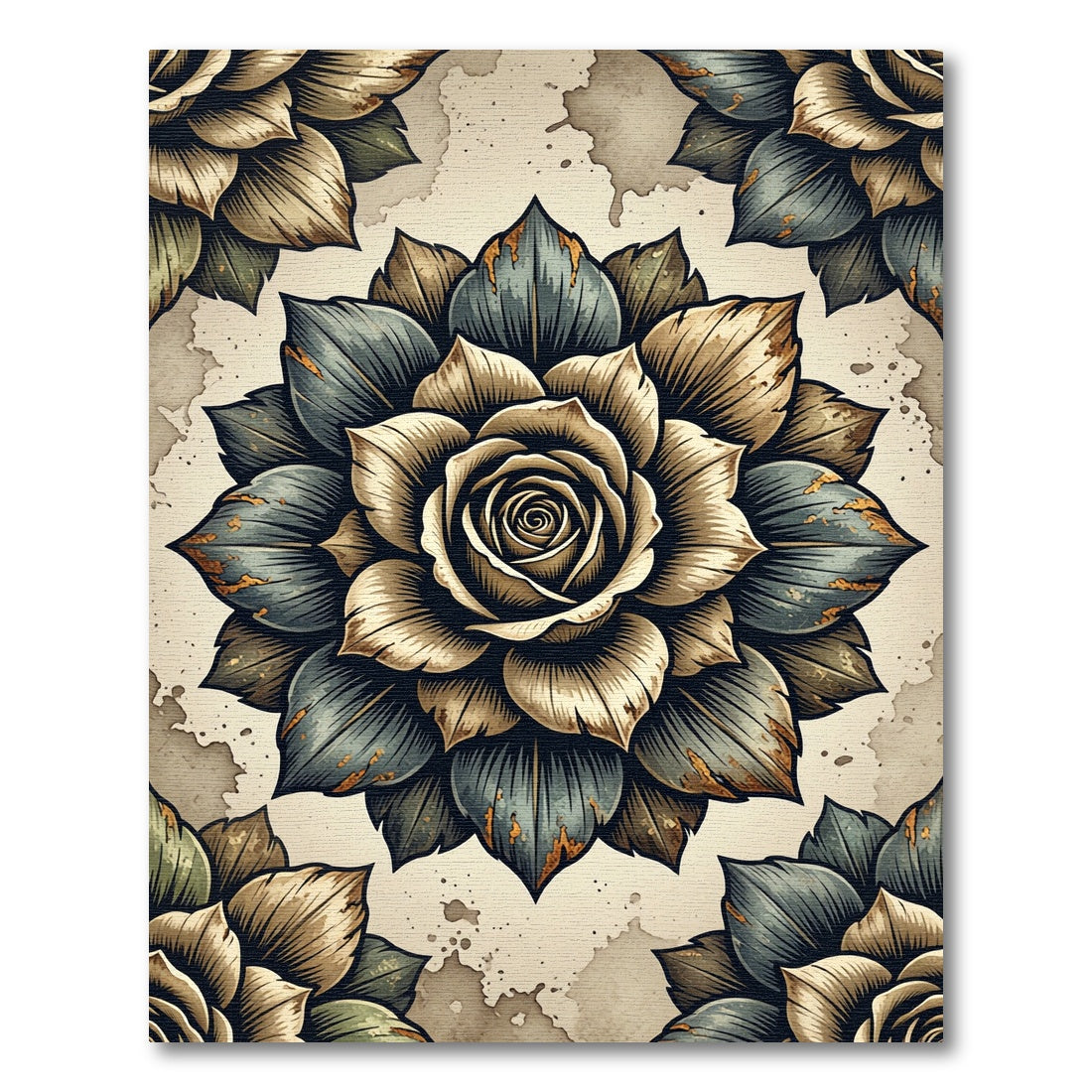 Vintage Dusty Blue Gold Rose Medallion Rug
