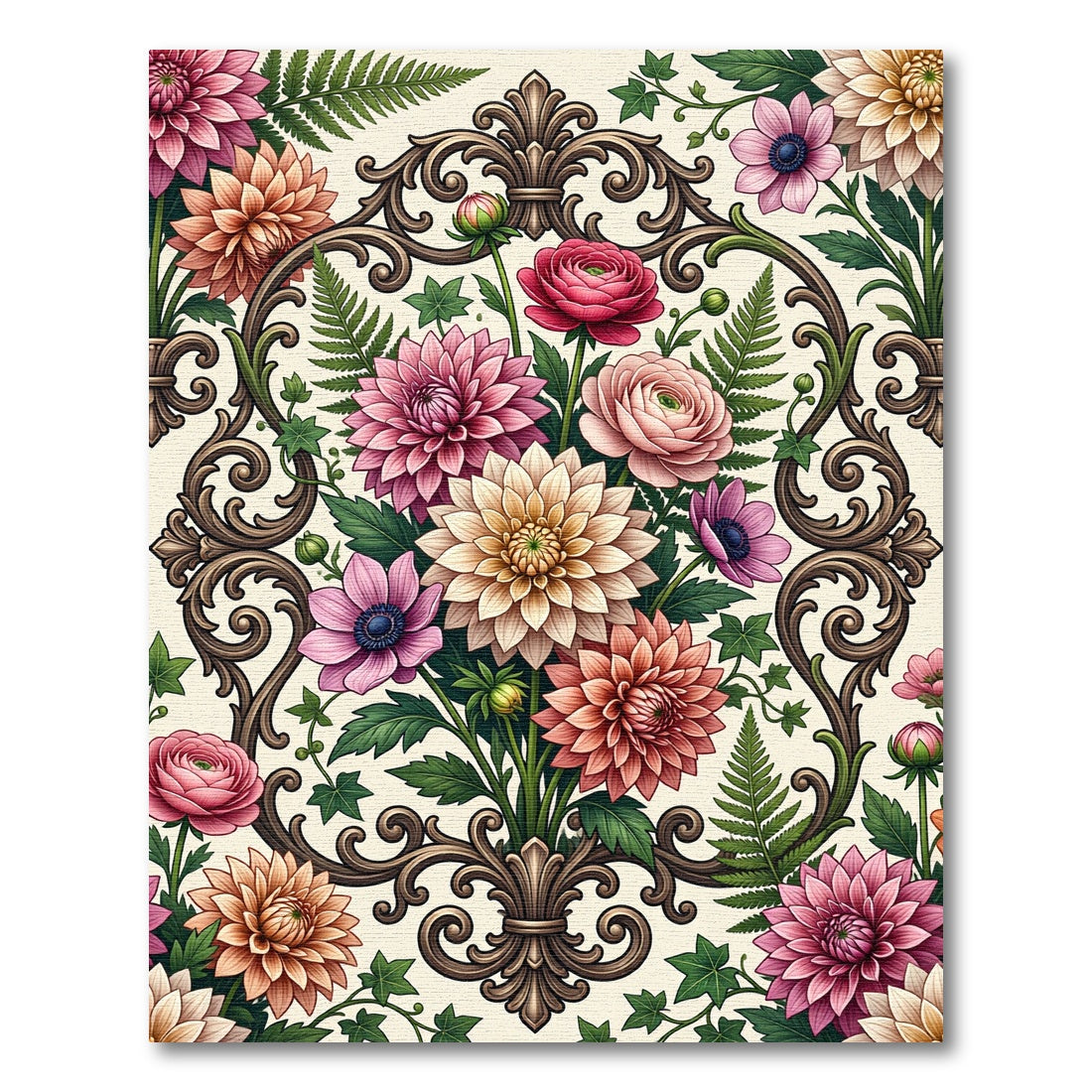 Vintage Floral Scrollwork Botanical Arrangement Rug