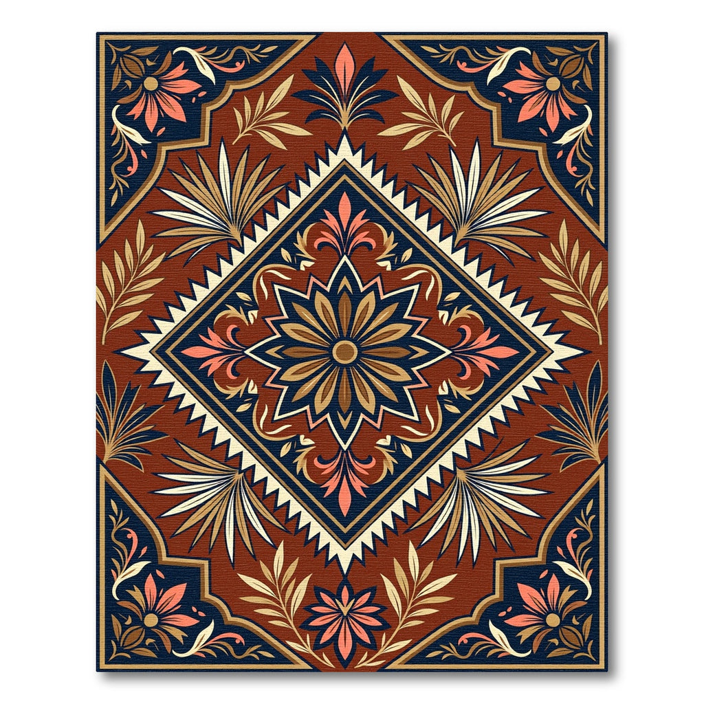 Ornate Terra Cotta Floral Diamond Medallion Rug