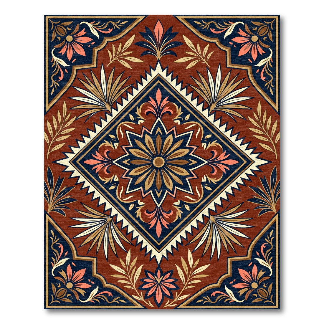 Ornate Terra Cotta Floral Diamond Medallion Rug