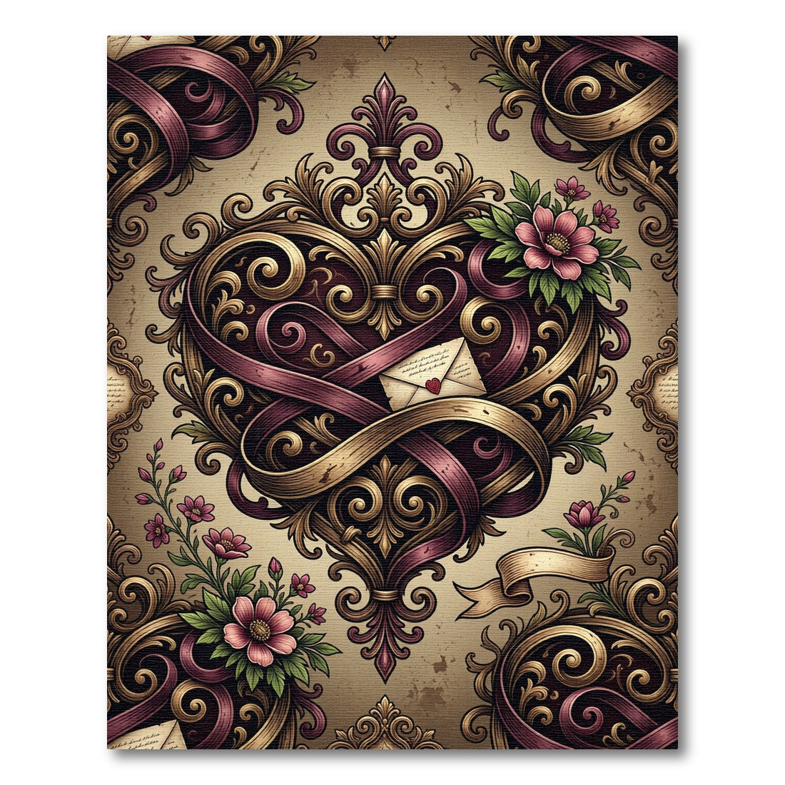 Ornate Crimson Gold Heart Flourish Rug
