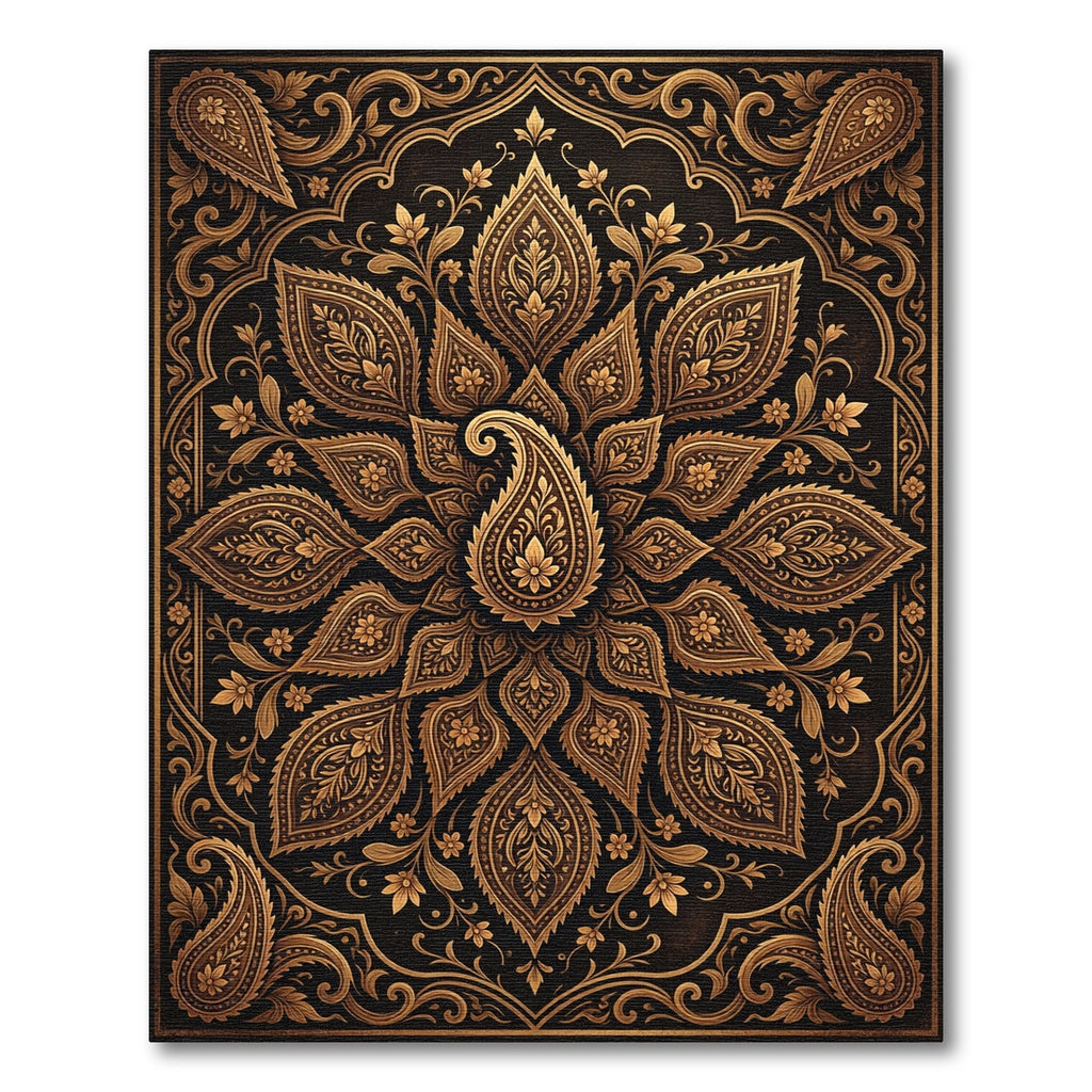 Ornate Gold Paisley Floral Medallion Rug
