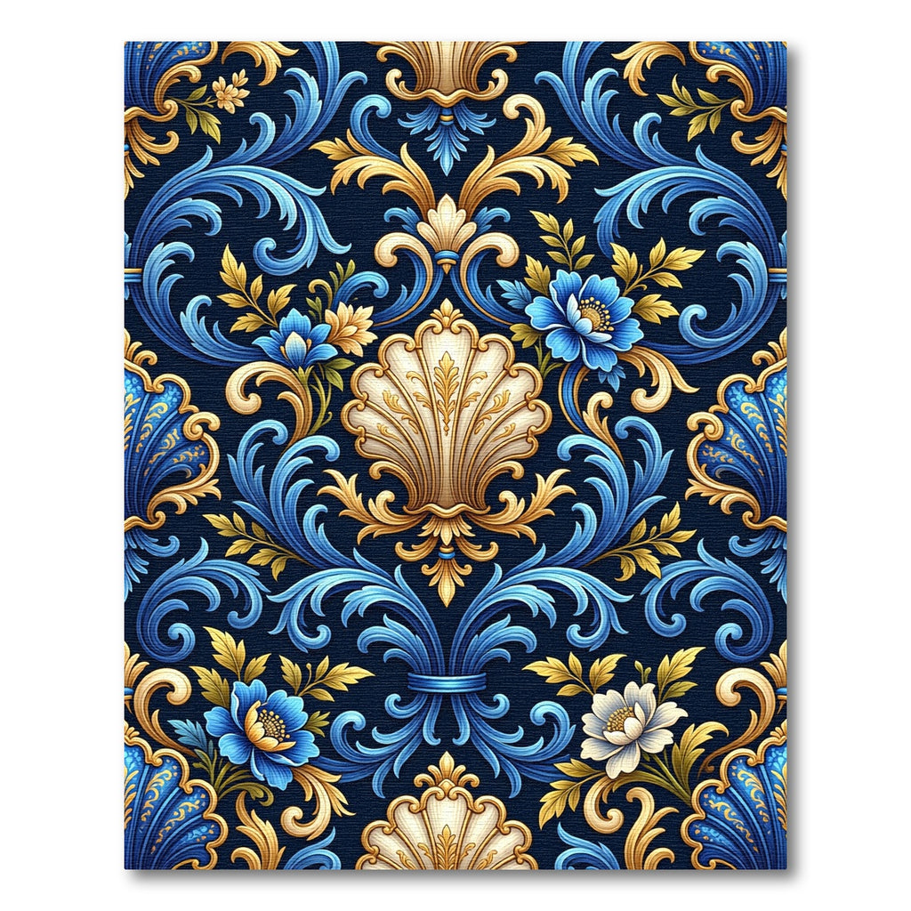 Blue Gold Floral Acanthus Scroll Rug