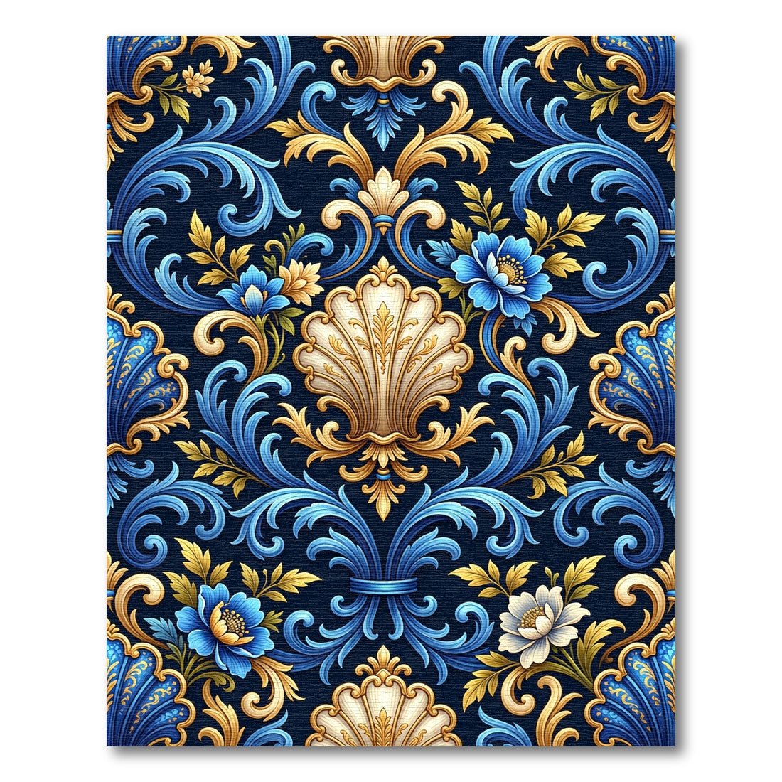 Blue Gold Floral Acanthus Scroll Rug