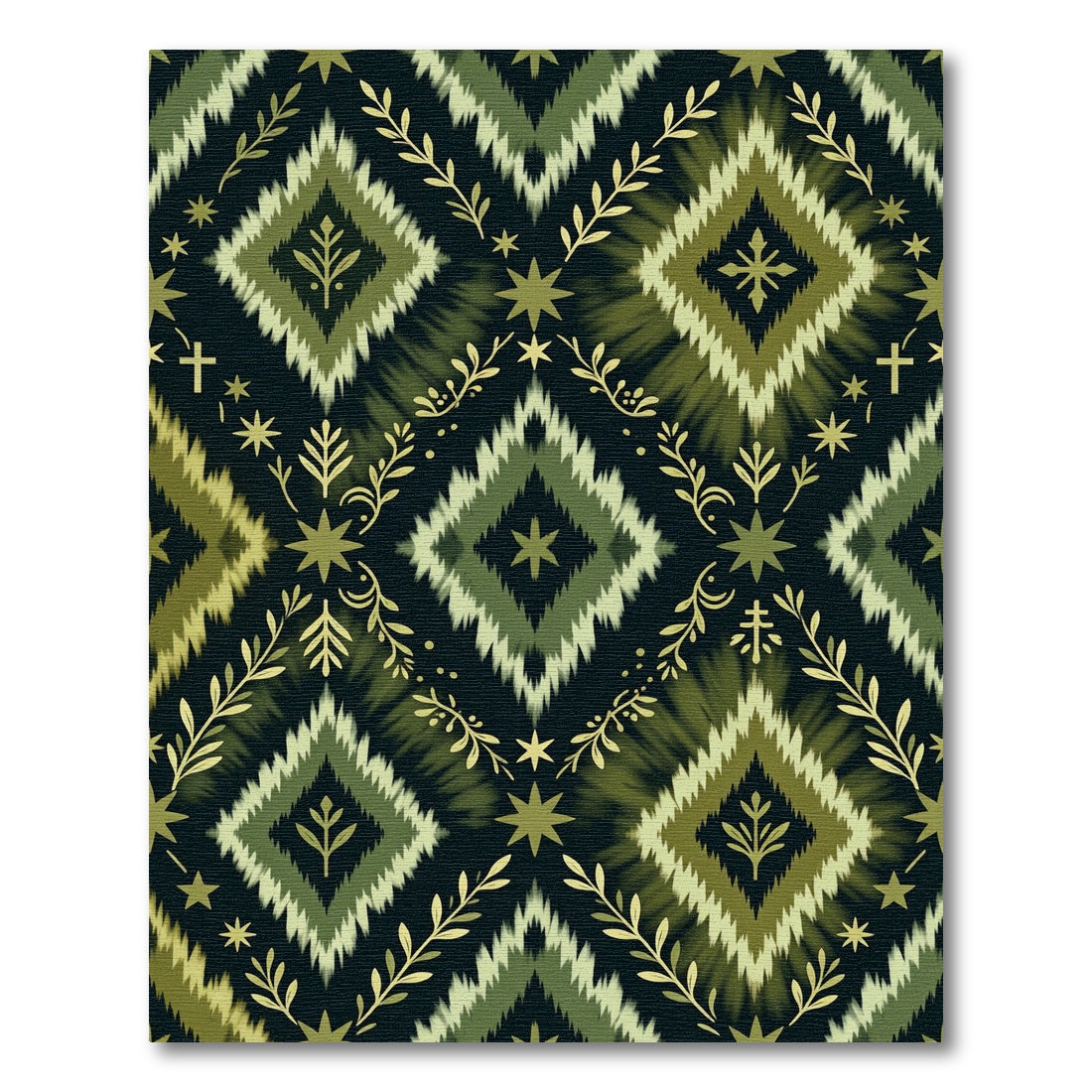 Olive Green Diamond Botanical Pattern Rug