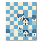 Blue and Cream Whimsical House Grid Rug