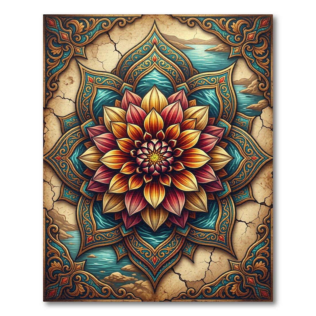Radiant Floral Mandala Teal Gold Rug