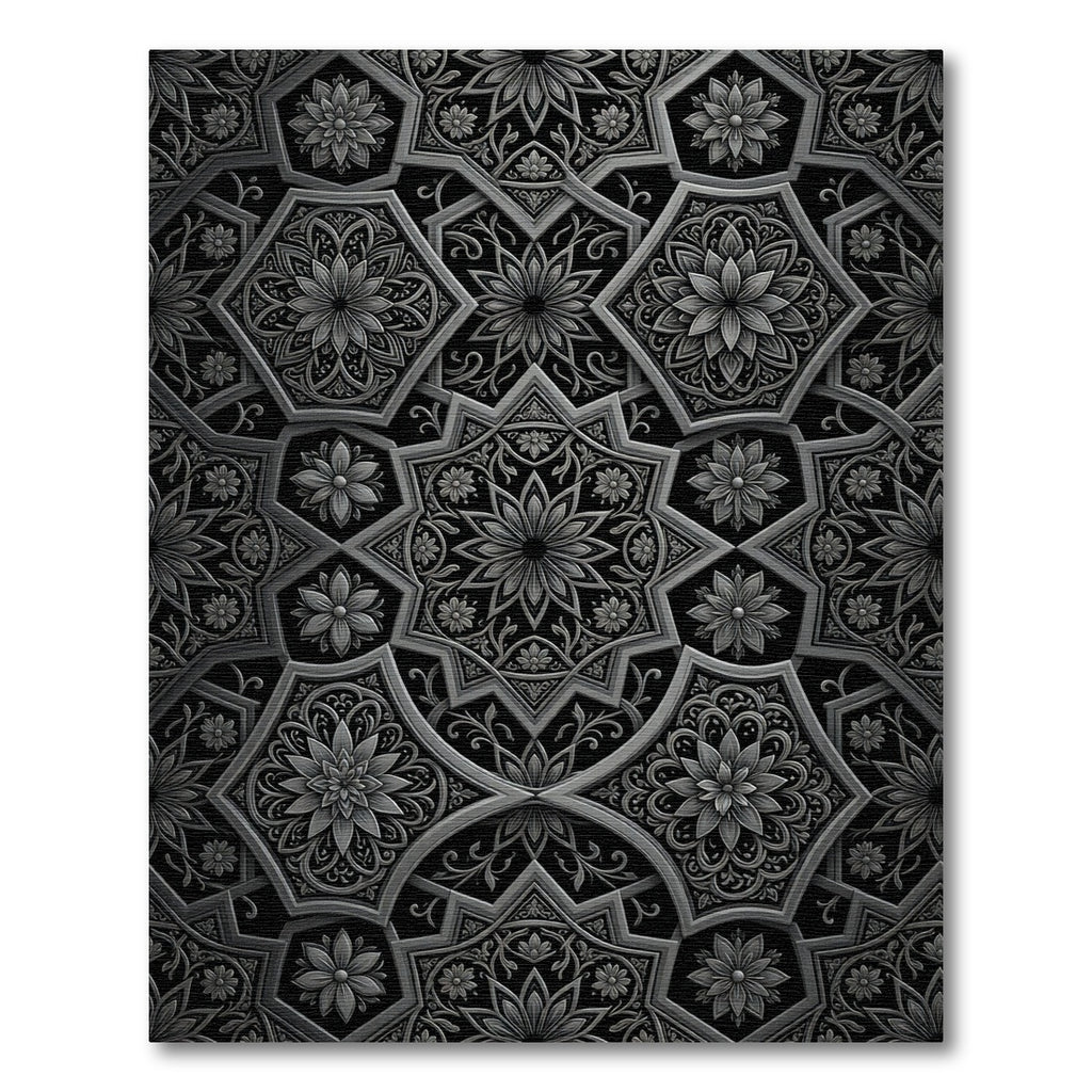 Ornate Black and Silver Floral Medallions Rug