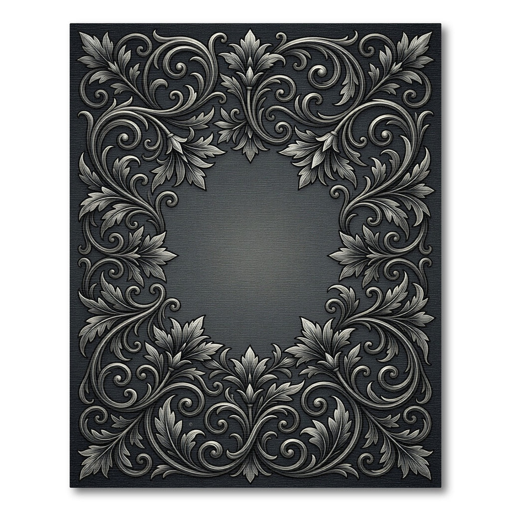 Ornate Charcoal Acanthus Scrollwork Frame Rug
