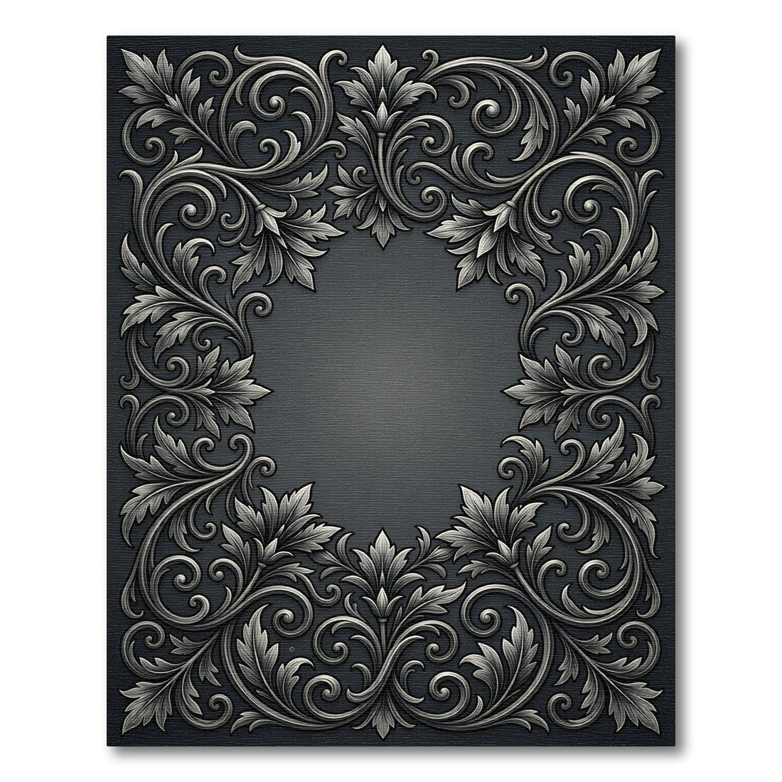 Ornate Charcoal Acanthus Scrollwork Frame Rug