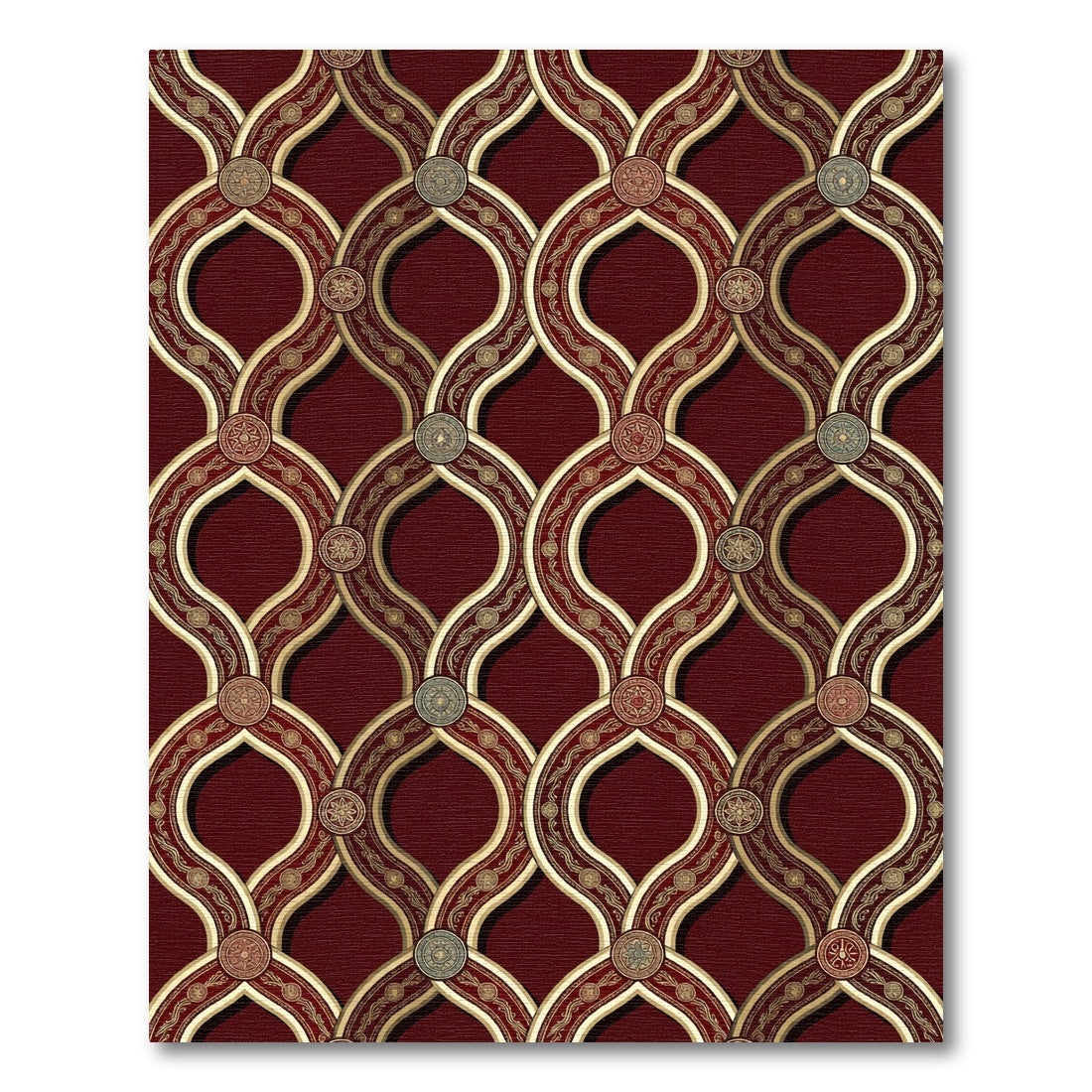 Ornate Burgundy and Gold Interlocking Medallions Rug