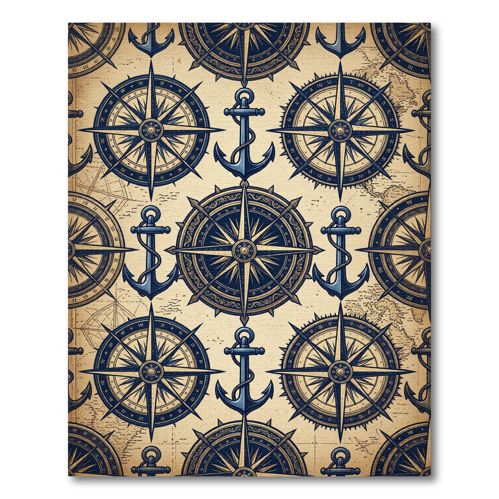 Vintage Nautical Compass and Anchor Map Rug
