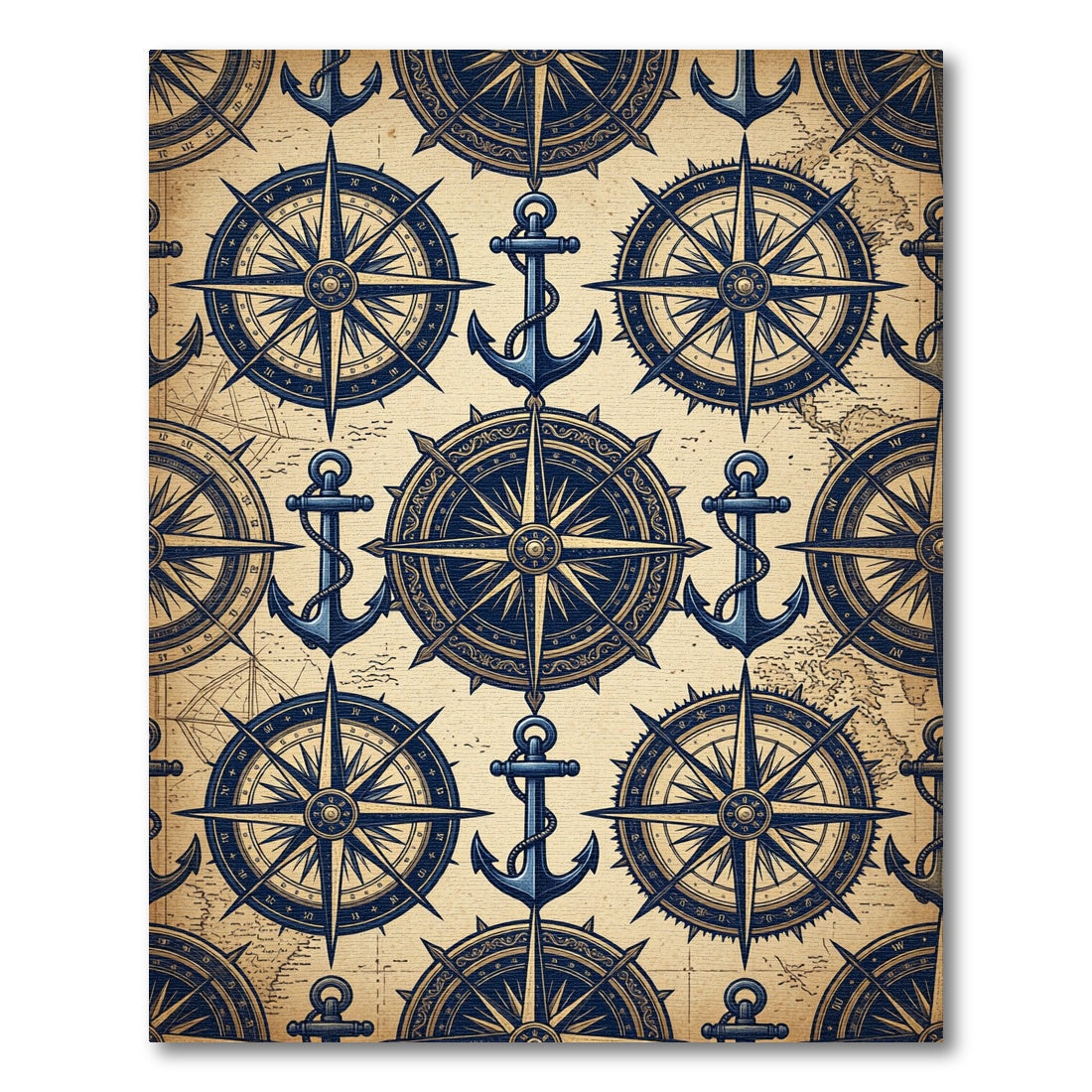 Vintage Nautical Compass and Anchor Map Rug
