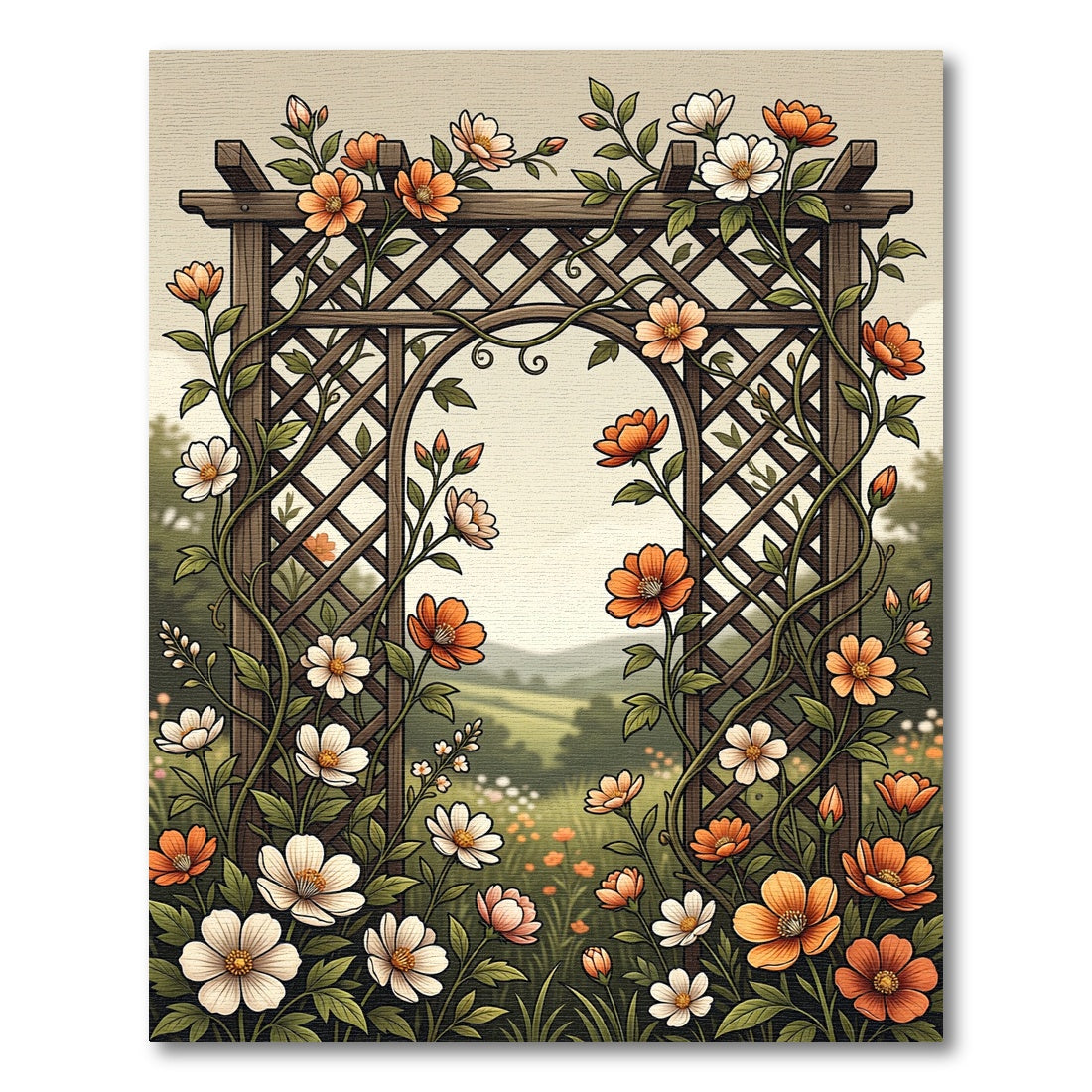 Floral Garden Trellis with Orange Blossoms Rug