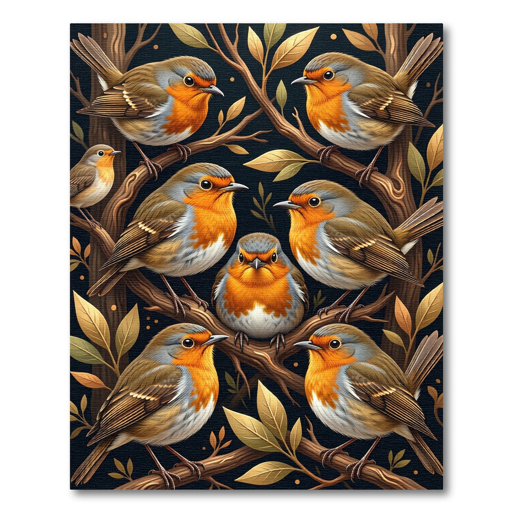 Whimsical Golden Robin Forest Art Rug