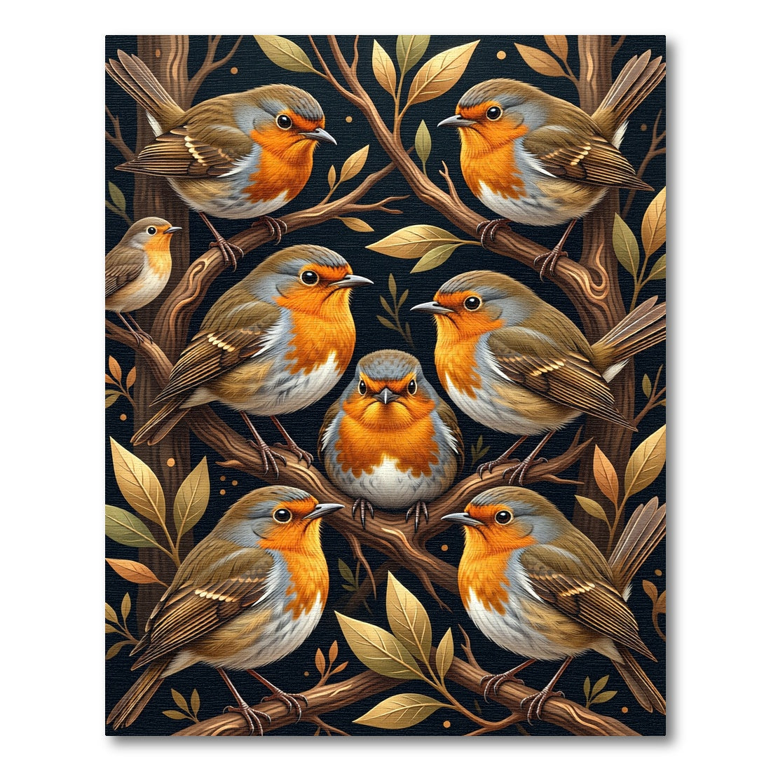 Whimsical Golden Robin Forest Art Rug