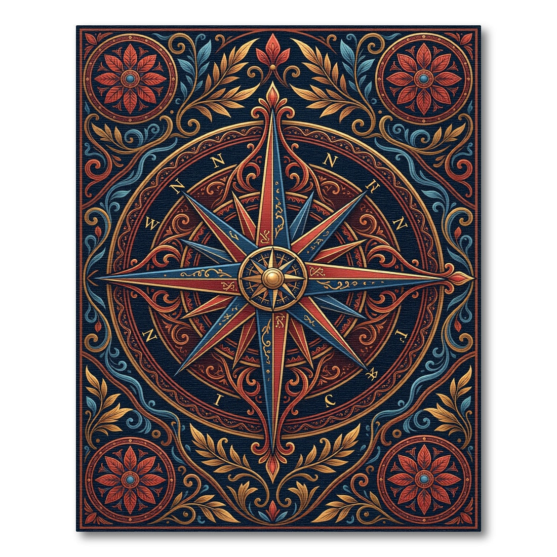 Ornate Red Blue Compass Floral Rug