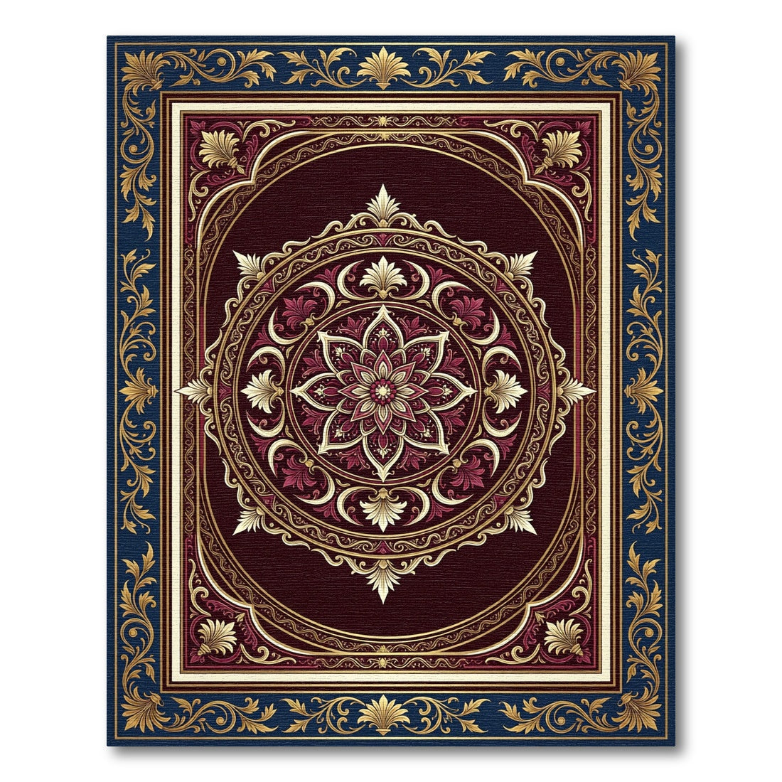 Deep Crimson Golden Floral Medallion Rug