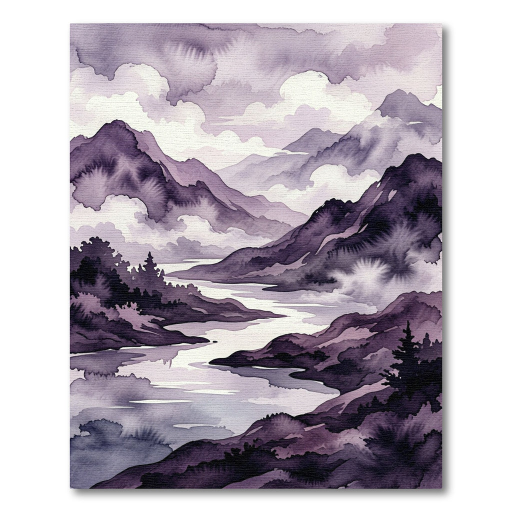 Ethereal Purple Watercolor Mountain Landscape Rug