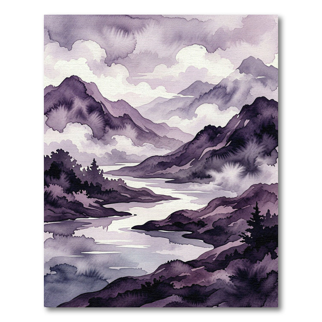 Ethereal Purple Watercolor Mountain Landscape Rug