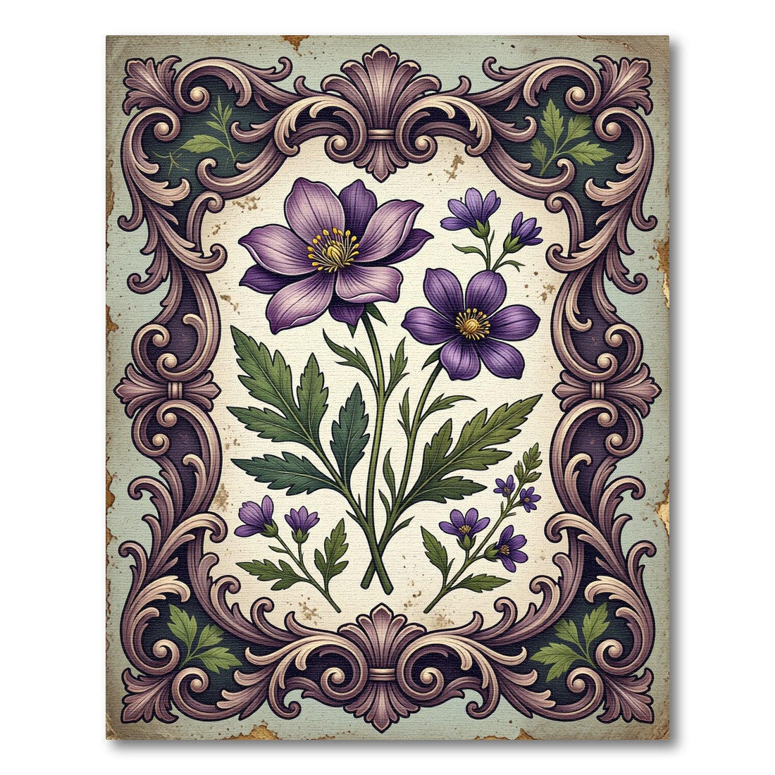 Antique Purple Botanical Floral Frame Rug