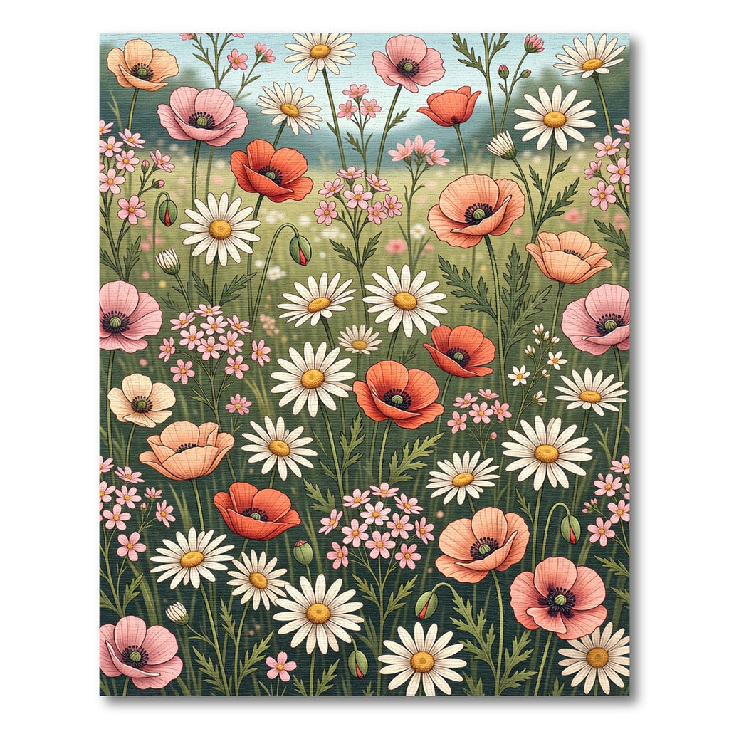 Soft Watercolor Poppy and Daisy Meadow Rug