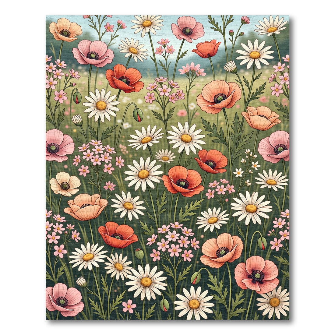 Soft Watercolor Poppy and Daisy Meadow Rug