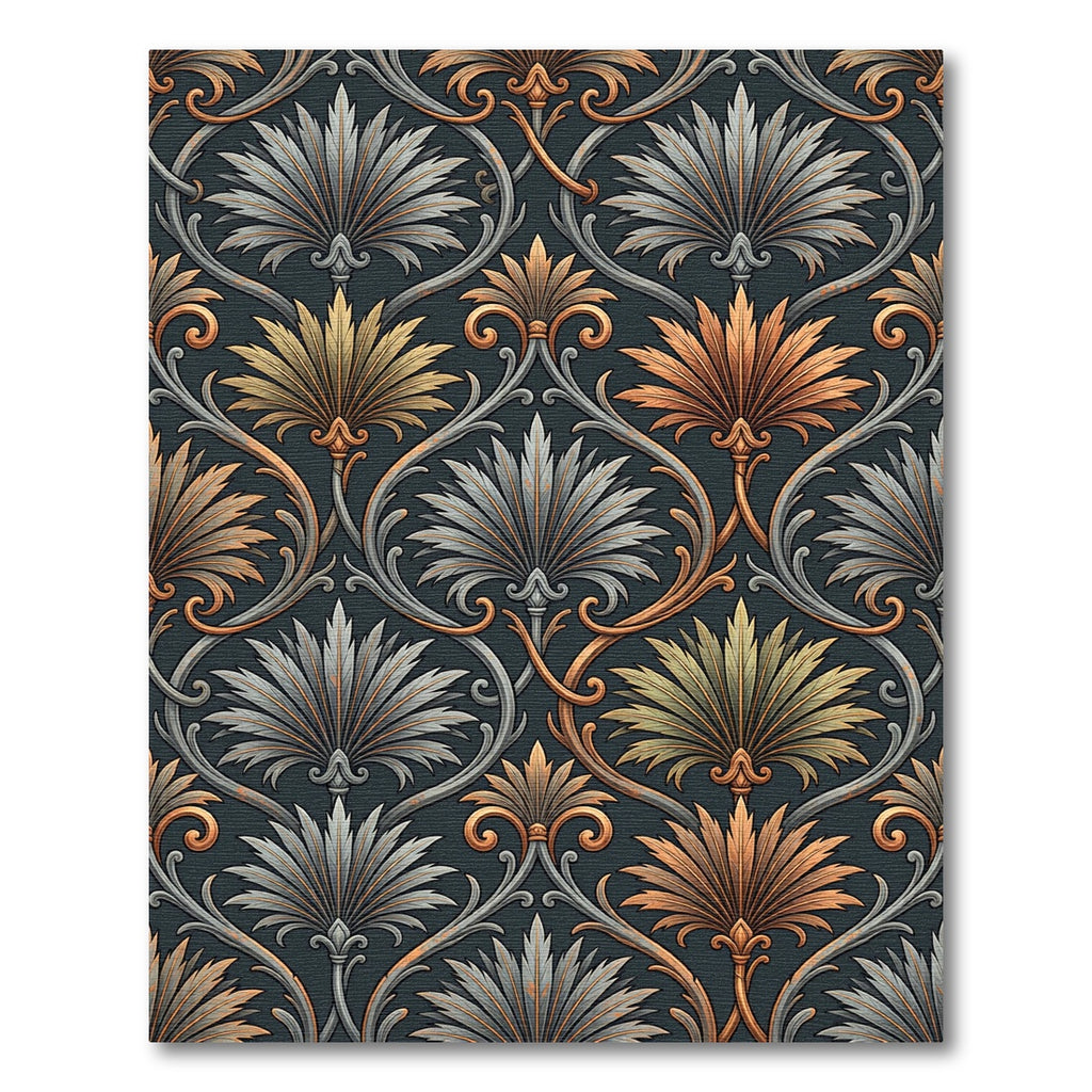 Elegant Copper Silver Palmette Scroll Rug